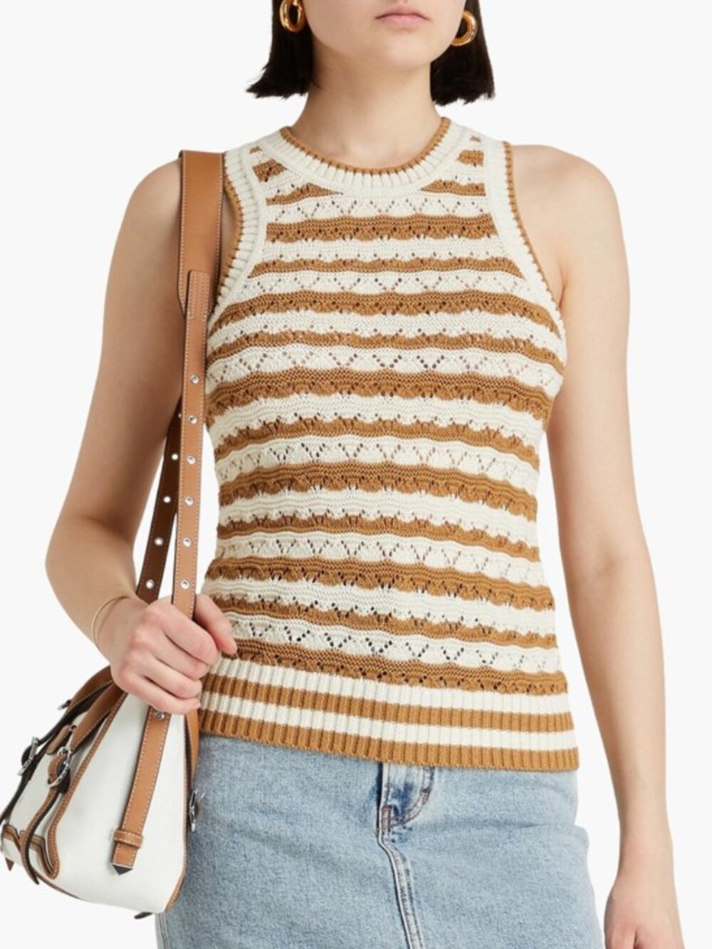 NWT VERONICA BEARD Striped Sleeveless Knit Tank Top - M - Cream Brown White